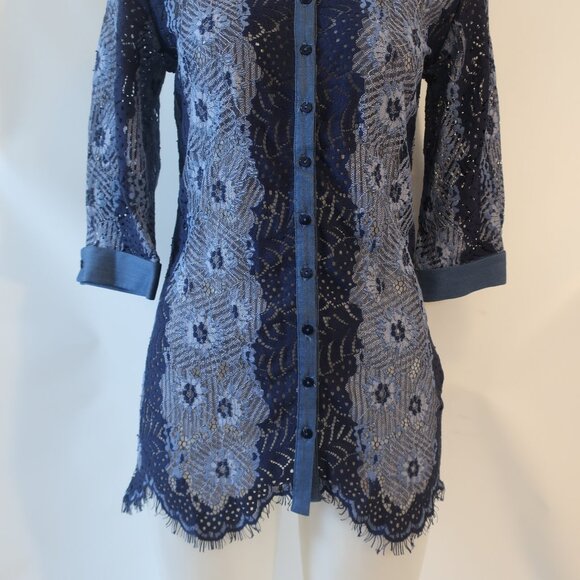 Womens Anne Fontaine Blue Navy Lace Blouse Top 36 US (0-2) - Picture 7 of 13